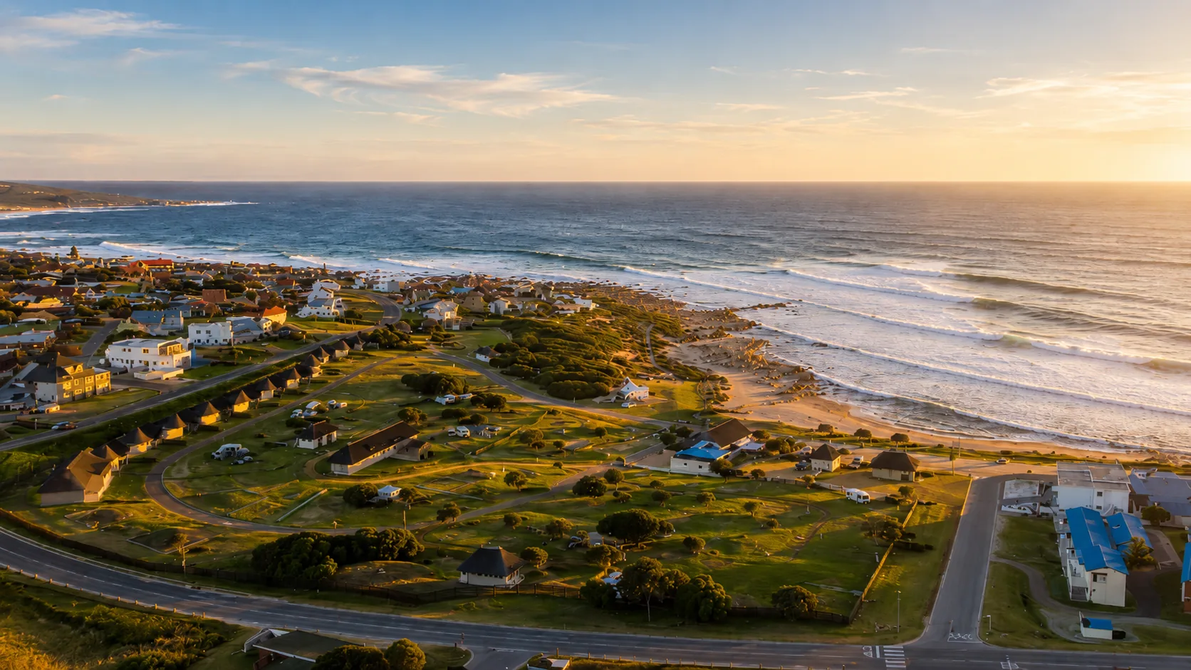 Jongensfontein coastal village at golden hour, seen from above