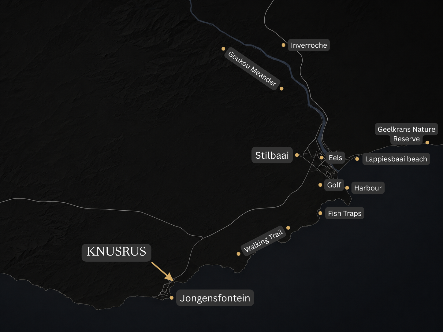 Map of Jongensfontein and Stilbaai, with Knusrus marked